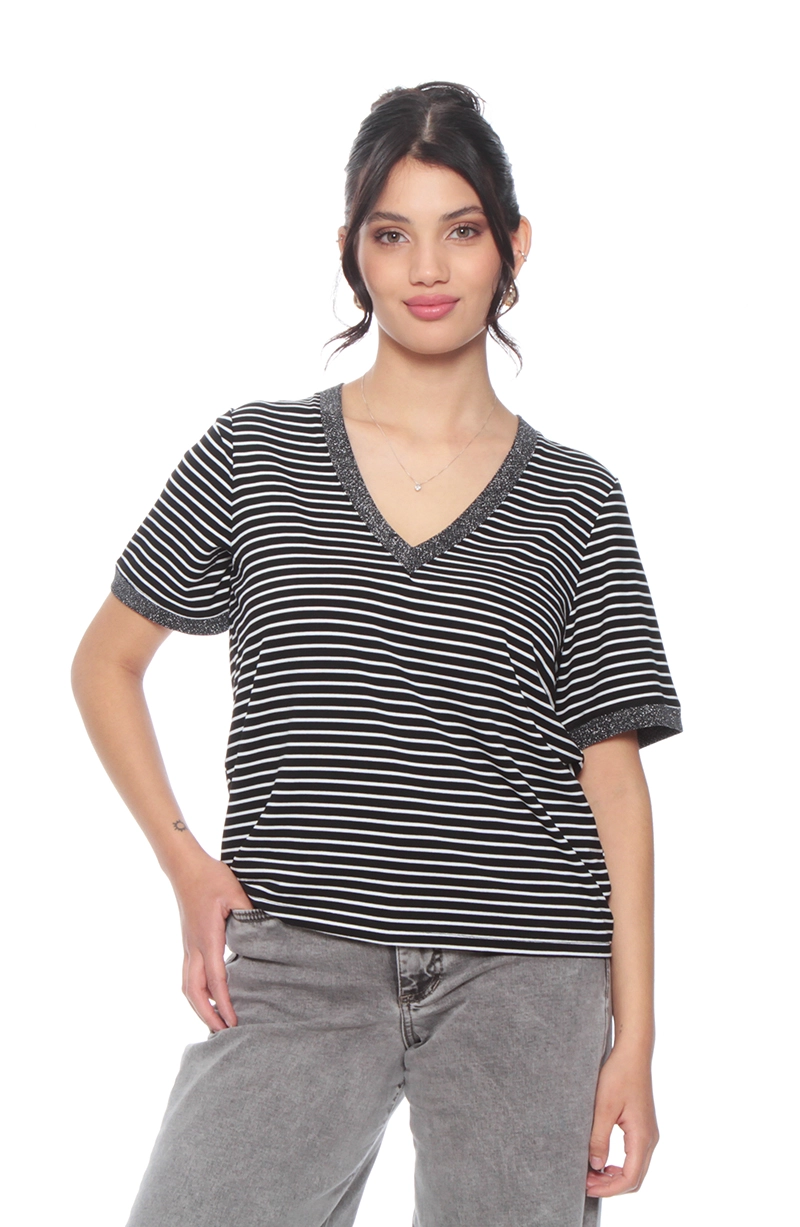 POLERA MANGA CORTA LISTADA ESCOTE V - 1