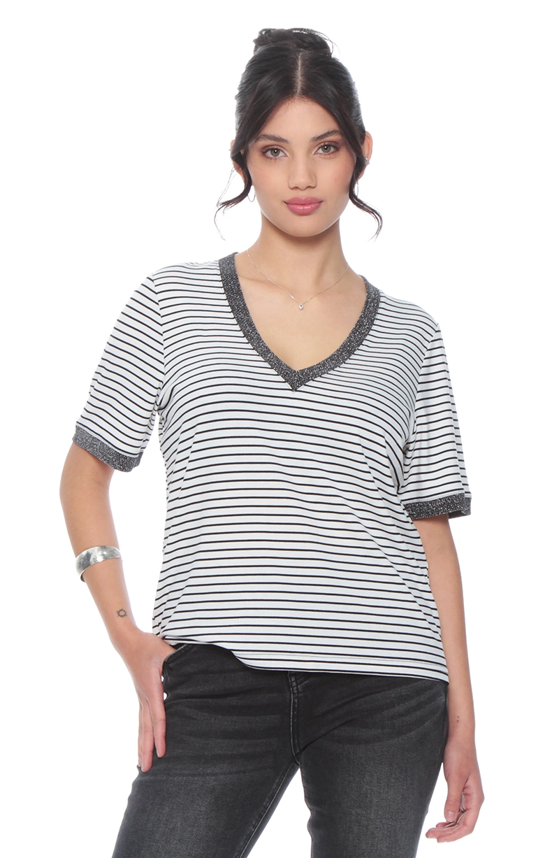 POLERA MANGA CORTA LISTADA ESCOTE V - 1