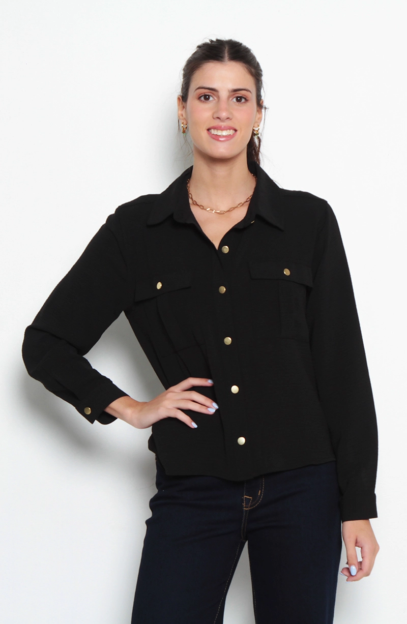 BLUSA MANGA LARGA ABOTONADA EN DELANTERO CON BOLSILLOS - 1