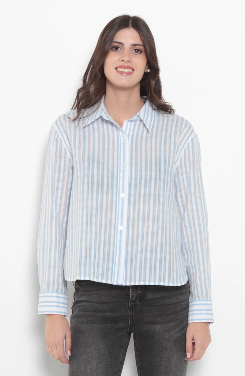 BLUSA MANGA LARGA LISTADA ABOTONADA EN DELANTERO - 1