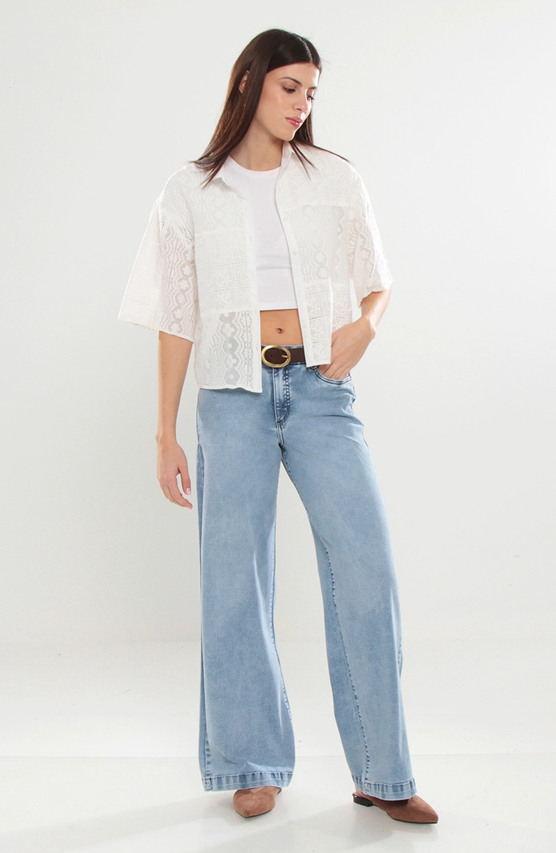JEANS MUJER TIRO MEDIO WIDE PRETINA BASICA 1 BOTON - 3
