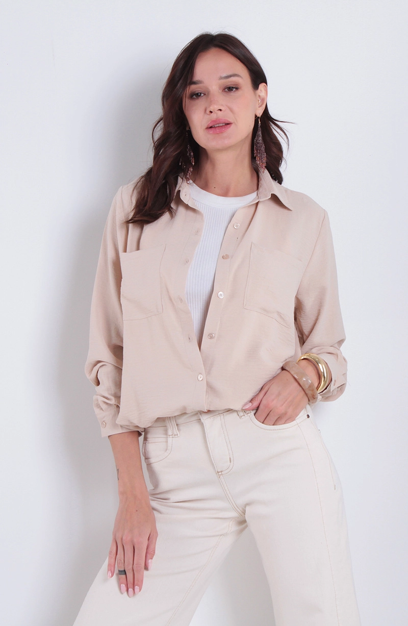BLUSA MANGA LARGA SOLIDA CON CINTURA AJUSTABLE Y BOLSILLOS - 1