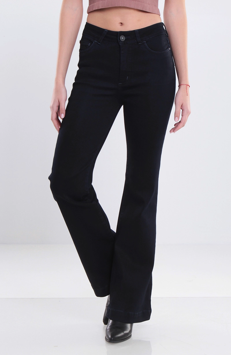 JEANS MUJER FLARE TIRO ALTO PRETINA BASICA 1 BOTON PUSH UP - 1