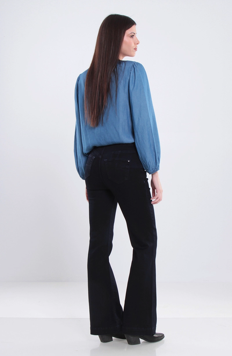 JEANS MUJER FLARE TIRO ALTO PRETINA BASICA 1 BOTON PUSH UP - 8