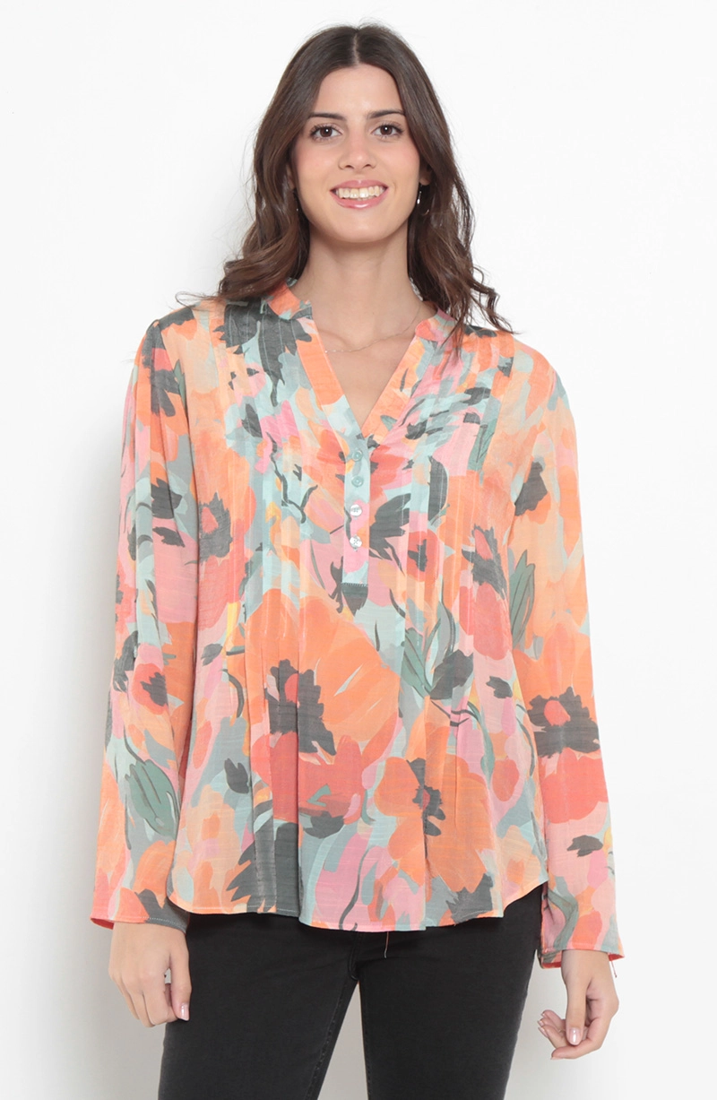 BLUSA MANGA LARGA ESTAMPADA ESCOTE V  ABOTONADA EN DELANTERO - 1