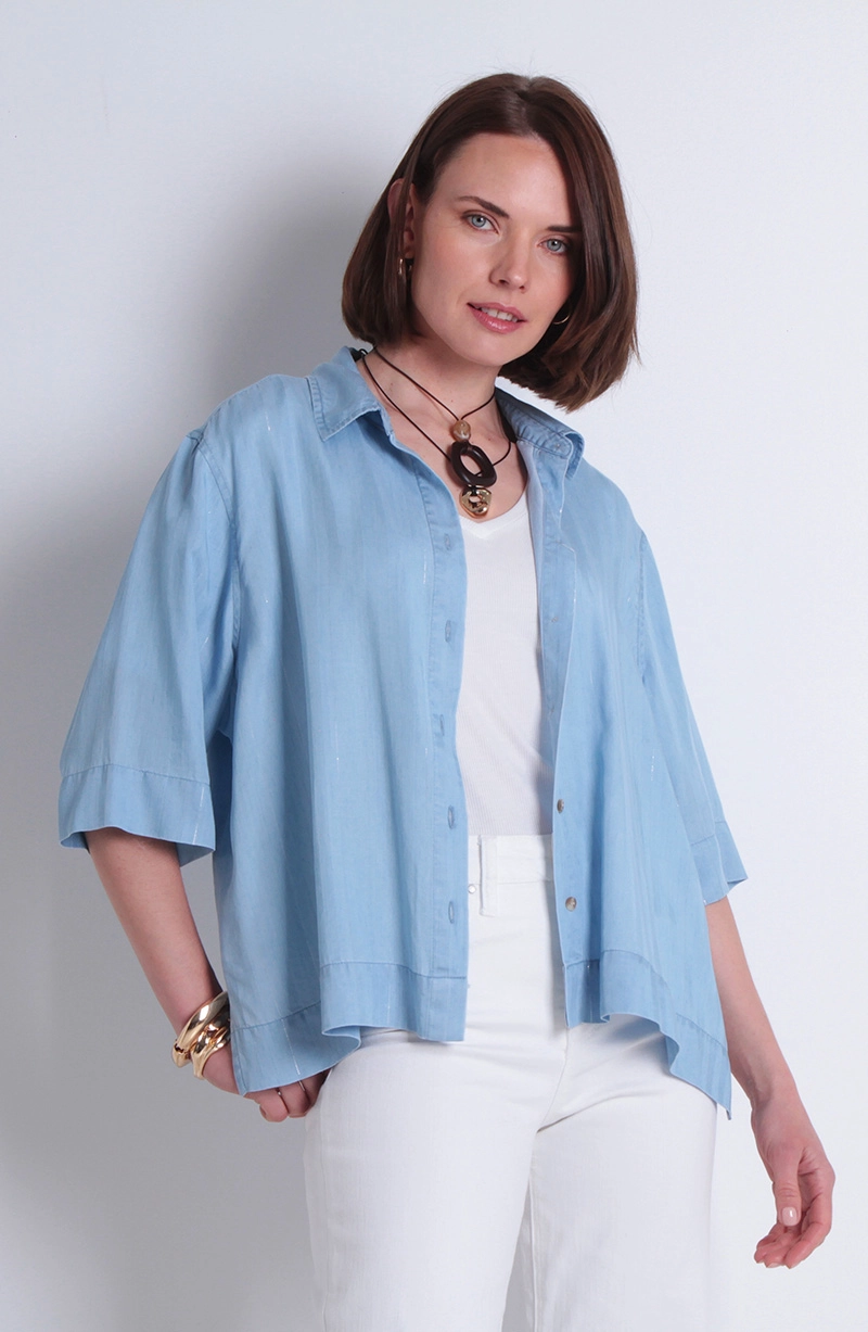 BLUSA TENCEL LISTADO LUREX MANGA CORTA ABOTONADA DELANTERO - 1