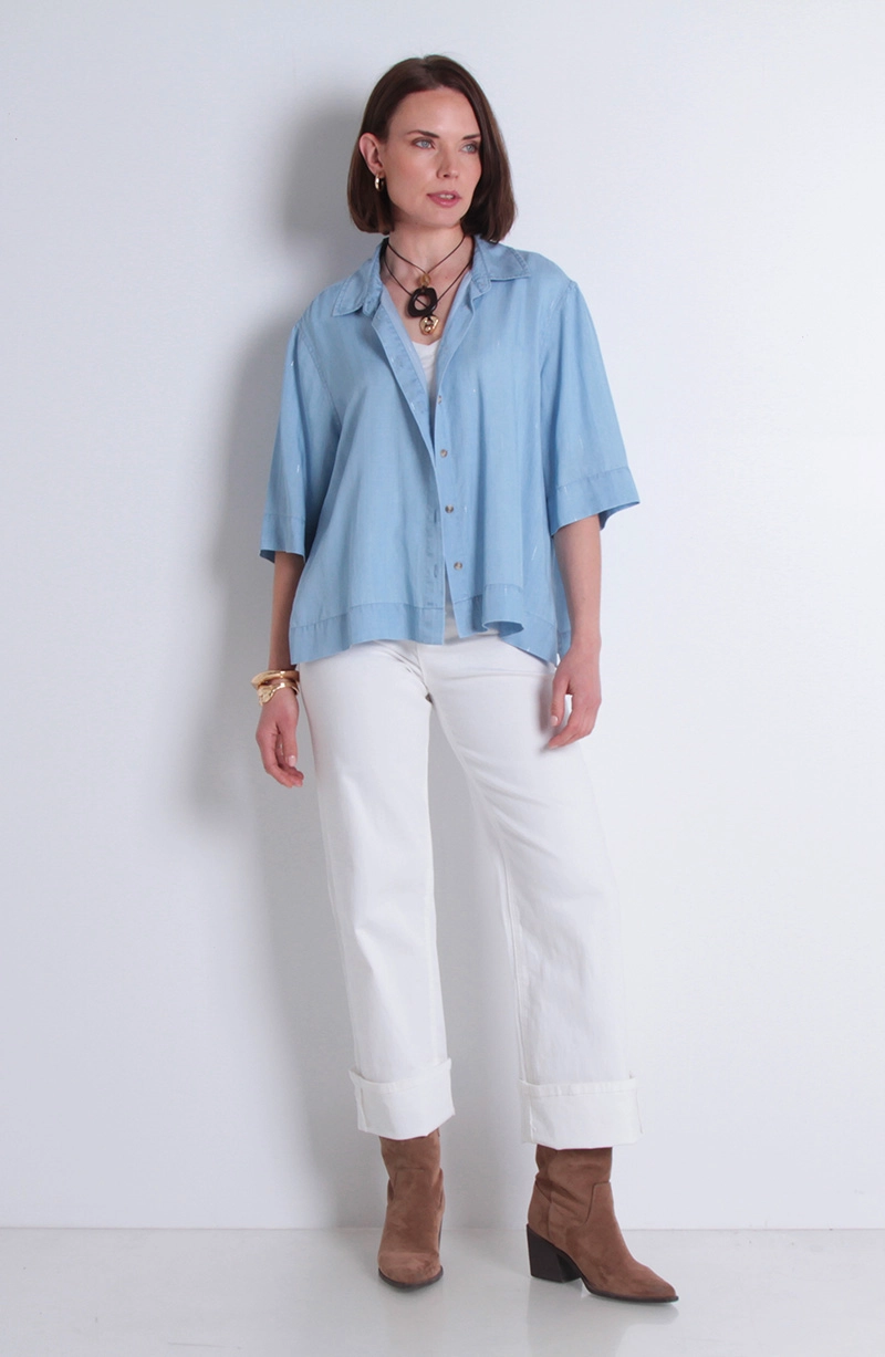 BLUSA TENCEL LISTADO LUREX MANGA CORTA ABOTONADA DELANTERO - 3