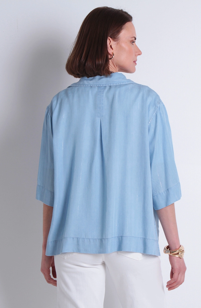 BLUSA TENCEL LISTADO LUREX MANGA CORTA ABOTONADA DELANTERO - 4