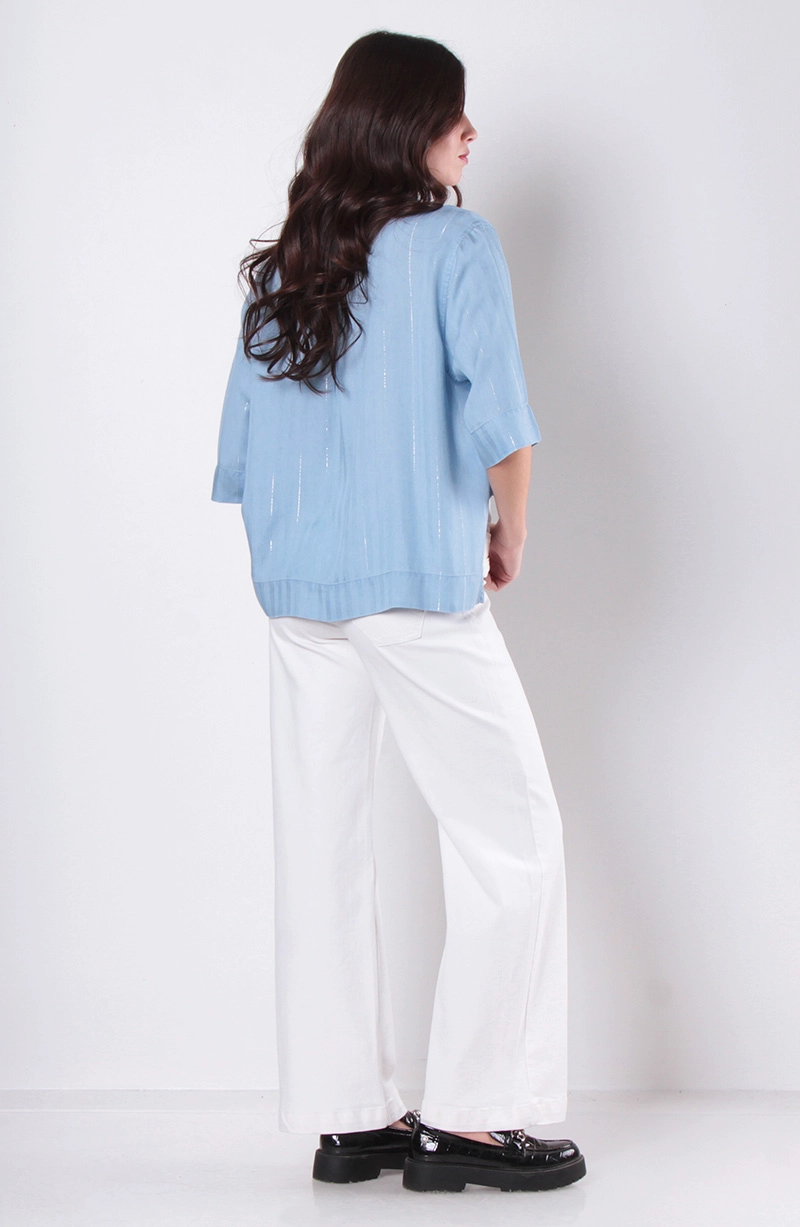 BLUSA TENCEL LISTADO LUREX MANGA CORTA ABOTONADA DELANTERO - 7