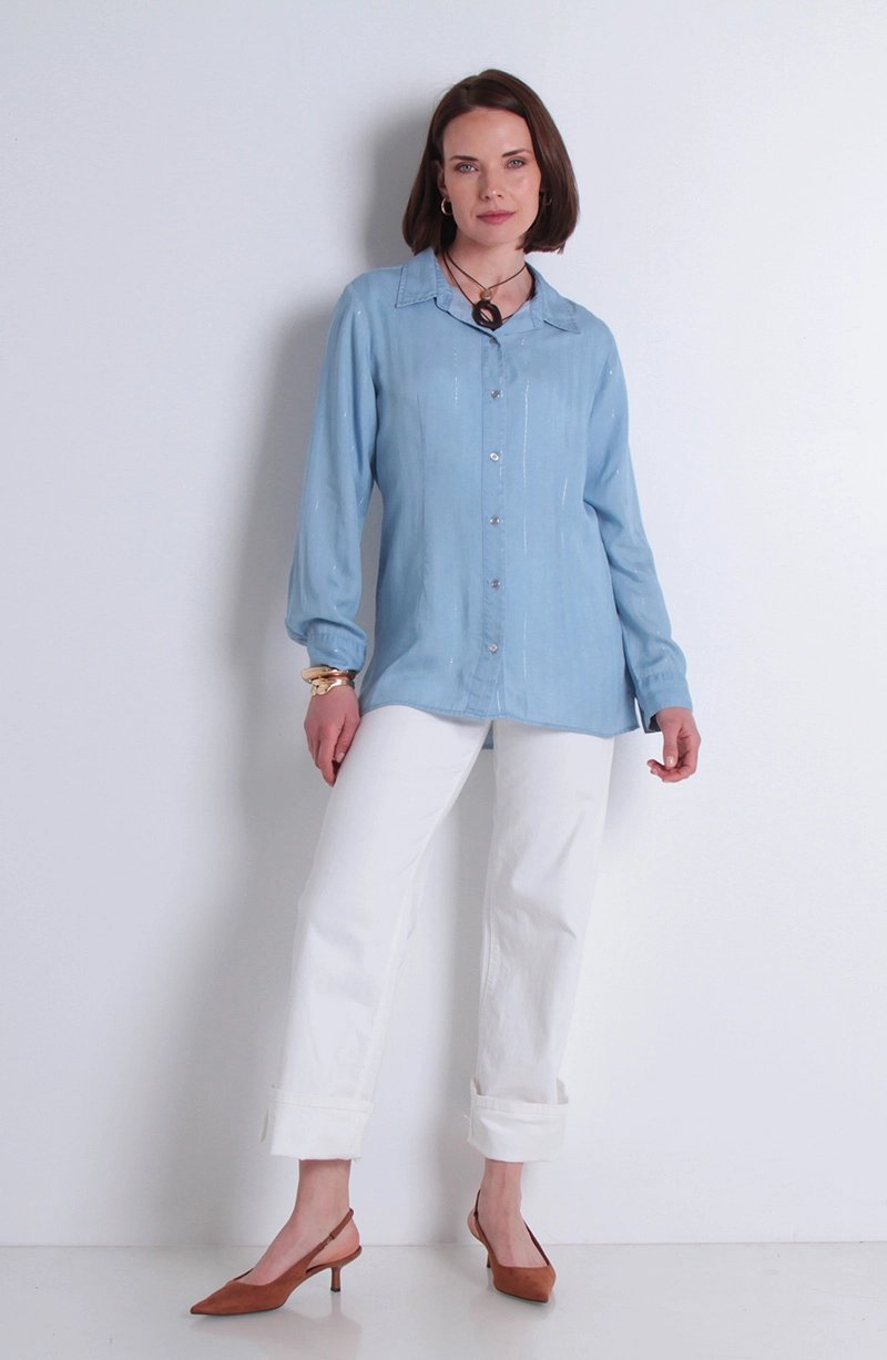 BLUSA TENCEL LISTADO LUREX MANGA LARGA ABOTONADA DELANTERO - 3