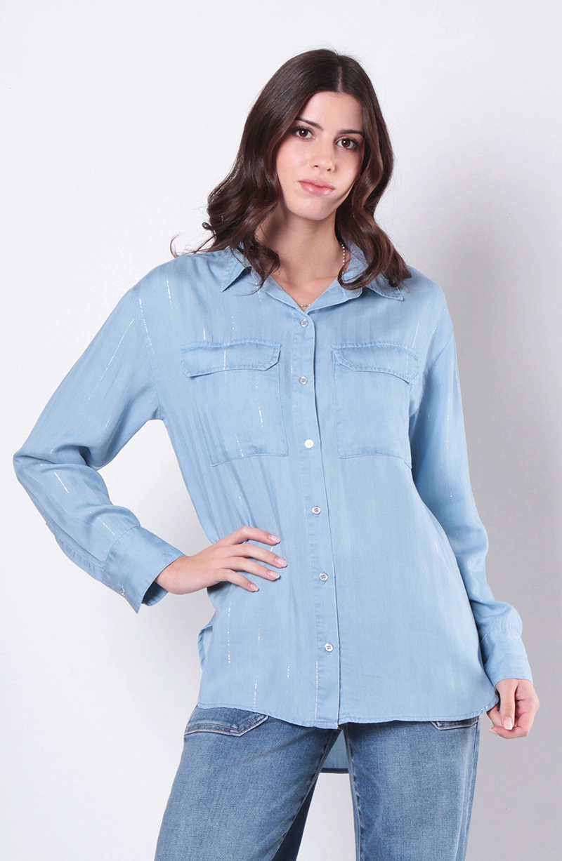 BLUSA TENCEL LISTADO LUREX MANGA LARGA ABOTONADA DELANTERO - 1