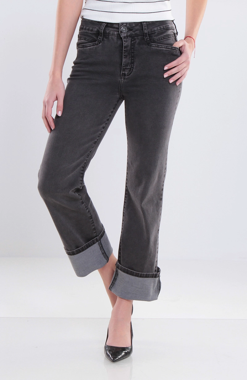 JEANS MUJER RECTO ROLL UP TIRO ALTO PRETINA BASICO 1 BOTON - 1