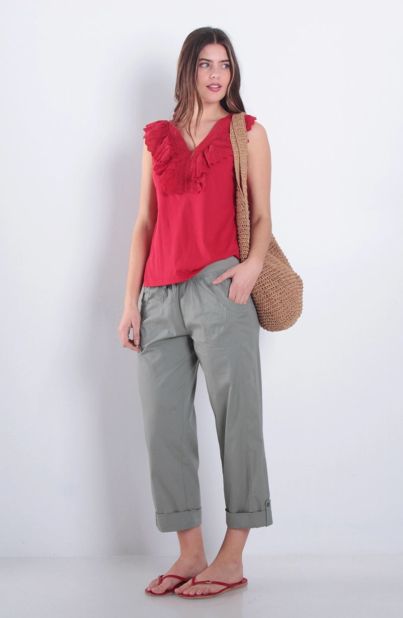 PANTALON CROP RECTO TIRO ALTO PRETINA ELASTICADA LAZO - 3