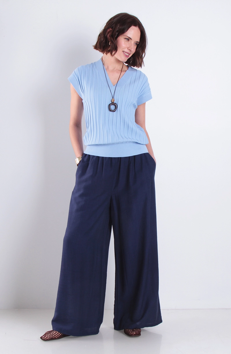 PANTALON WIDE LEG TIRO ALTO PRETINA ANCHA ELASTICADA - 3
