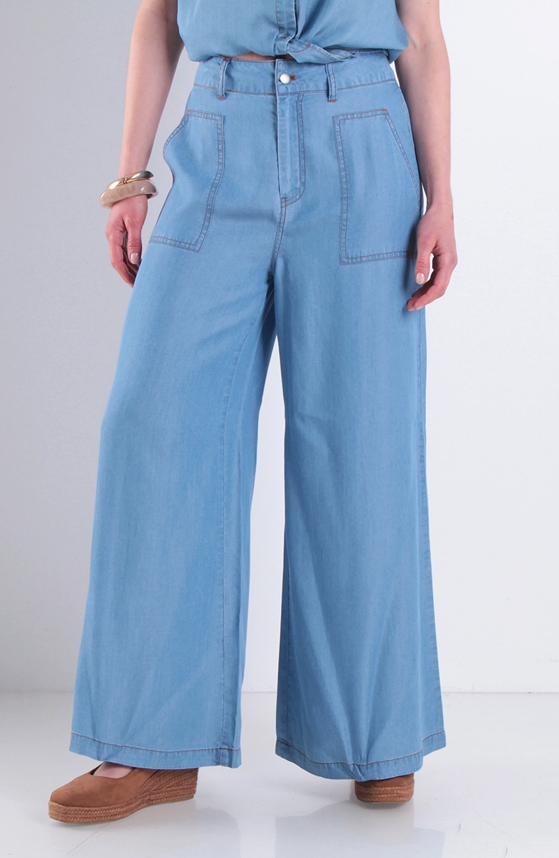 PANTALON LYOCELL WIDE LEG TIRO ALTO PRETINA BASICA 1 BOTON - 1