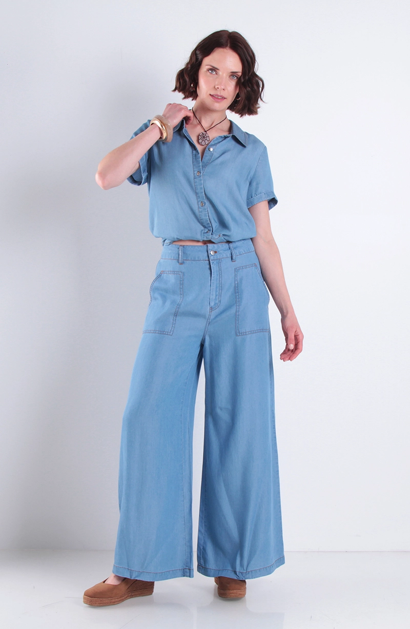 PANTALON LYOCELL WIDE LEG TIRO ALTO PRETINA BASICA 1 BOTON - 3