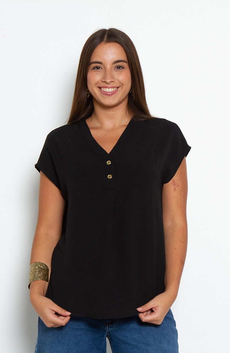 BLUSA MANGA CORTA ESCOTE V CON 2 BOTONES - 1