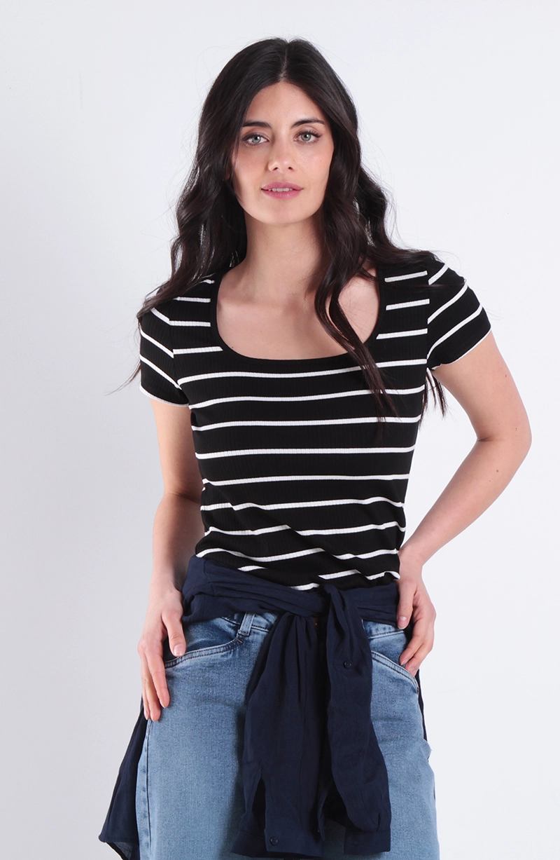 POLERA LISTADA MANGA CORTA ESCOTE CUADRADO RIB 5X2 - 1