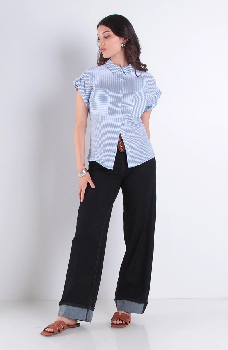 BLUSA MANGA CORTA LISTADA ABOTONADA CON BOLSILLA - 3