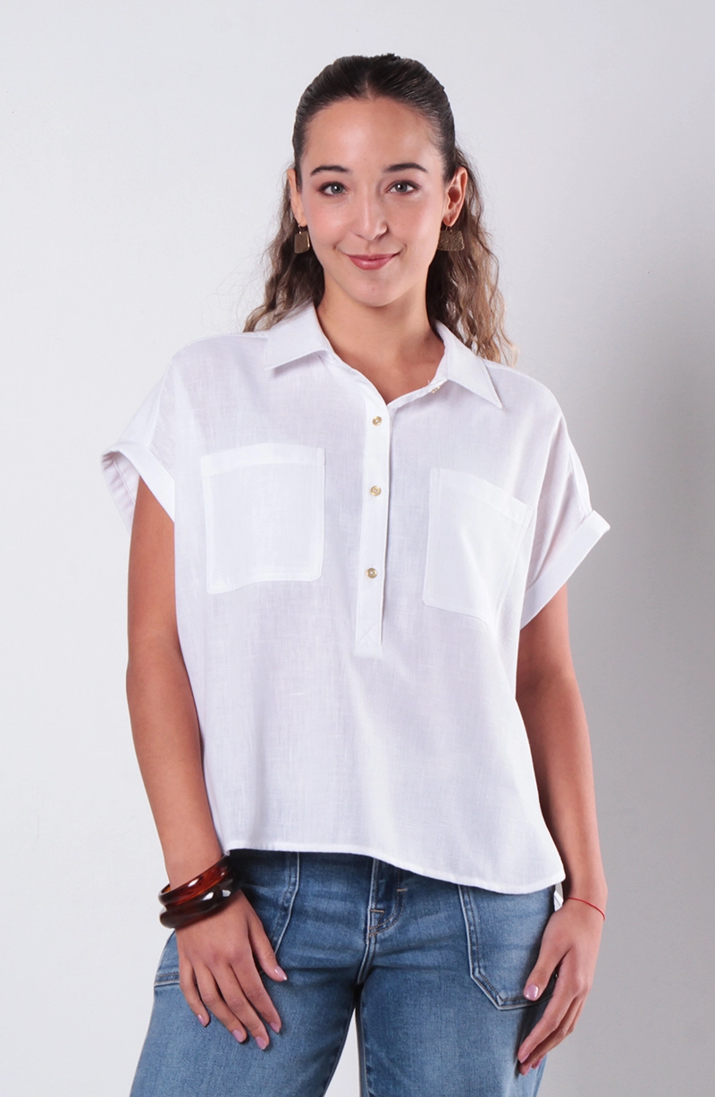 BLUSA MANGA CORTA ABOTONADA CON BOLSILLOS - 1
