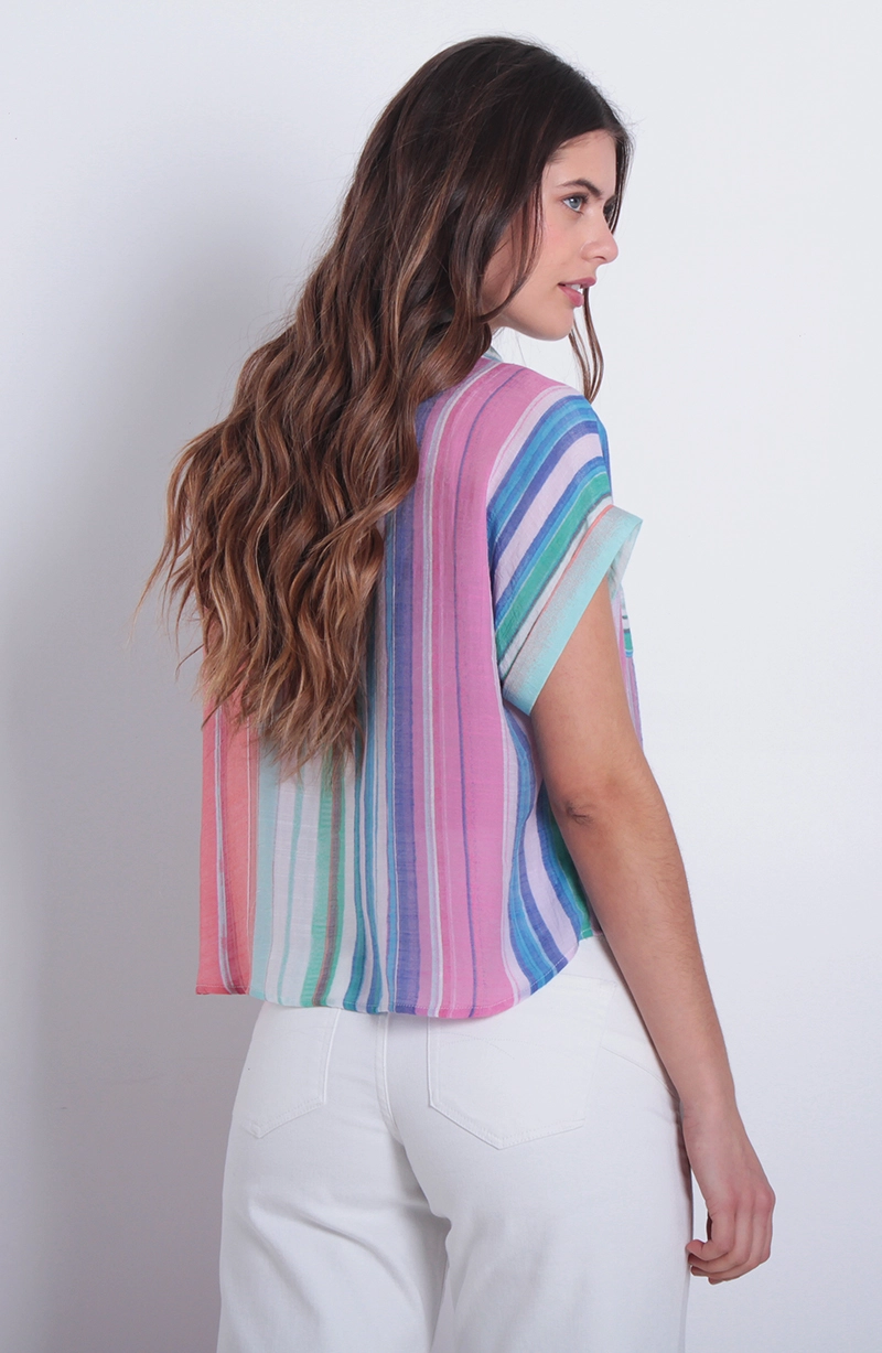BLUSA LISTADA MANGA CORTA  ABOTONADA EN DELANTERO  BOLSILLO - 4