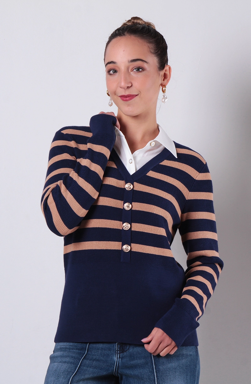 SWEATER LISTADO CON BLUSA MANGA LARGA ABOTONADO EN DELANTERO - 1
