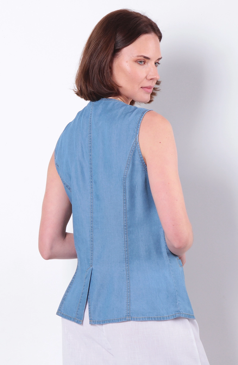VEST TENCEL SIN MANGA ABOTONDA EN DELANTERO ESCOTE REDONDO - 4