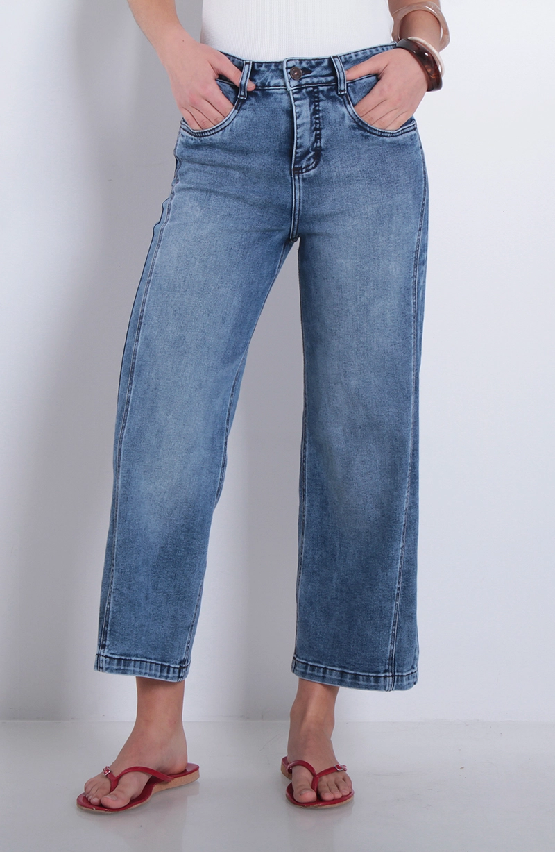 JEANS MUJER WIDE TIRO ALTO  PRETINA PIERNA CON CORTE COSTADO - 1