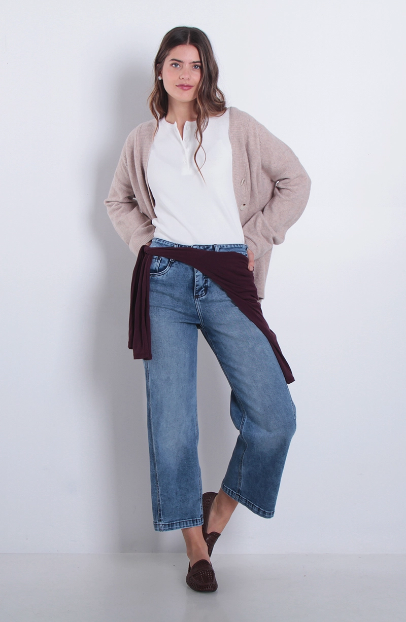 JEANS MUJER WIDE TIRO ALTO  PRETINA PIERNA CON CORTE COSTADO - 3