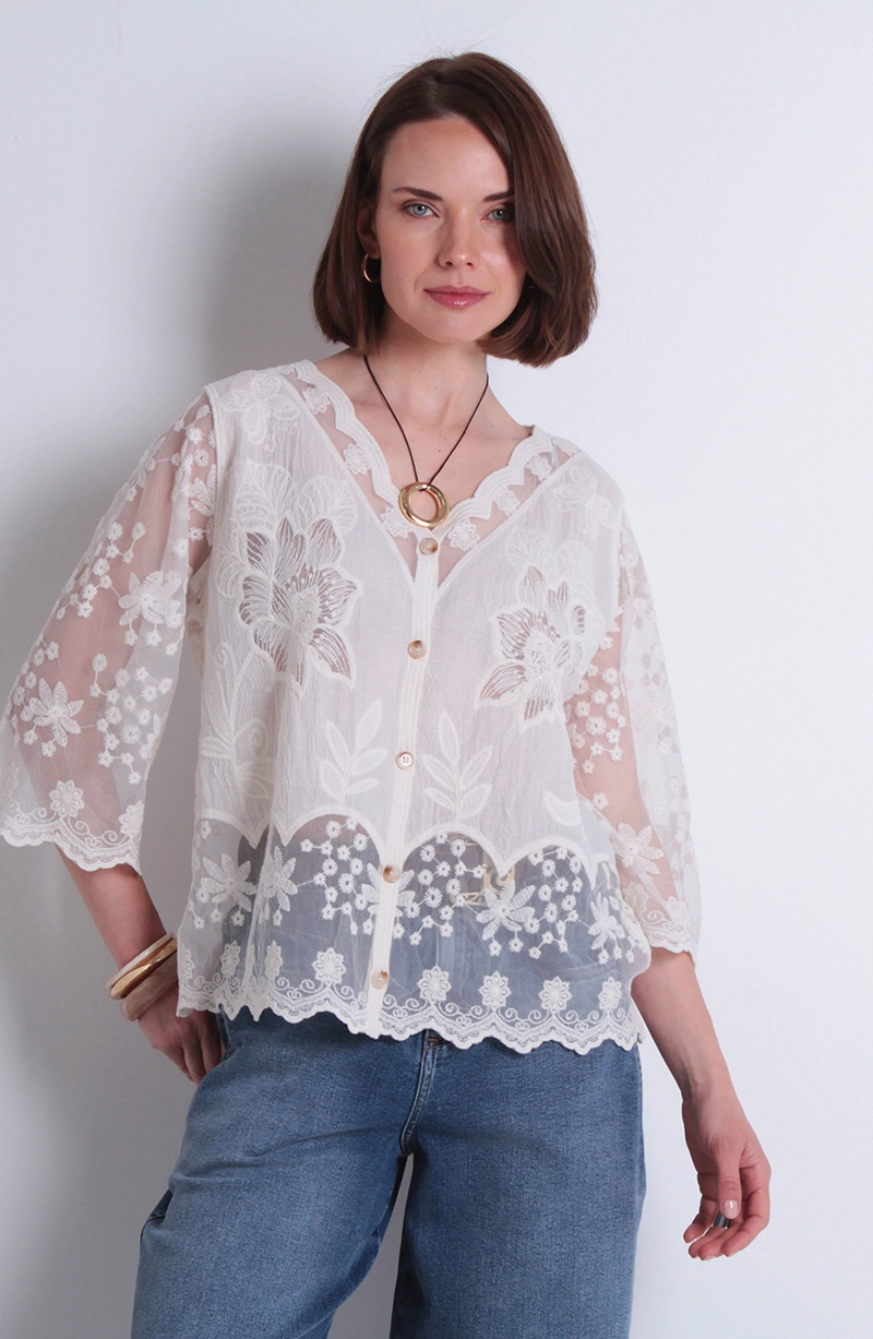 BLUSA EMBROIDERY MANGA CORTA ABOTONADA EN DELANTERO ESCOTE V - 1