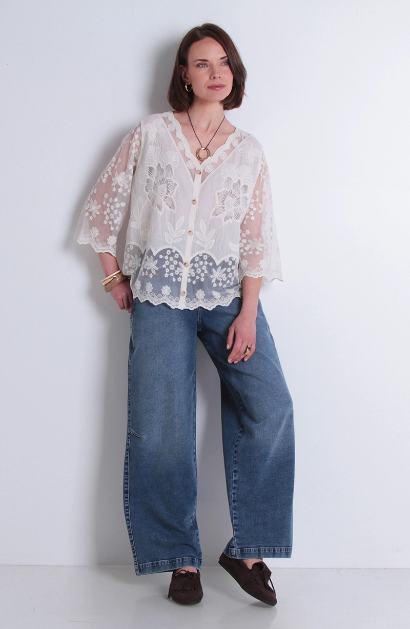 BLUSA EMBROIDERY MANGA CORTA ABOTONADA EN DELANTERO ESCOTE V - 3