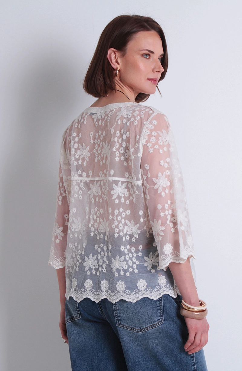 BLUSA EMBROIDERY MANGA CORTA ABOTONADA EN DELANTERO ESCOTE V - 4