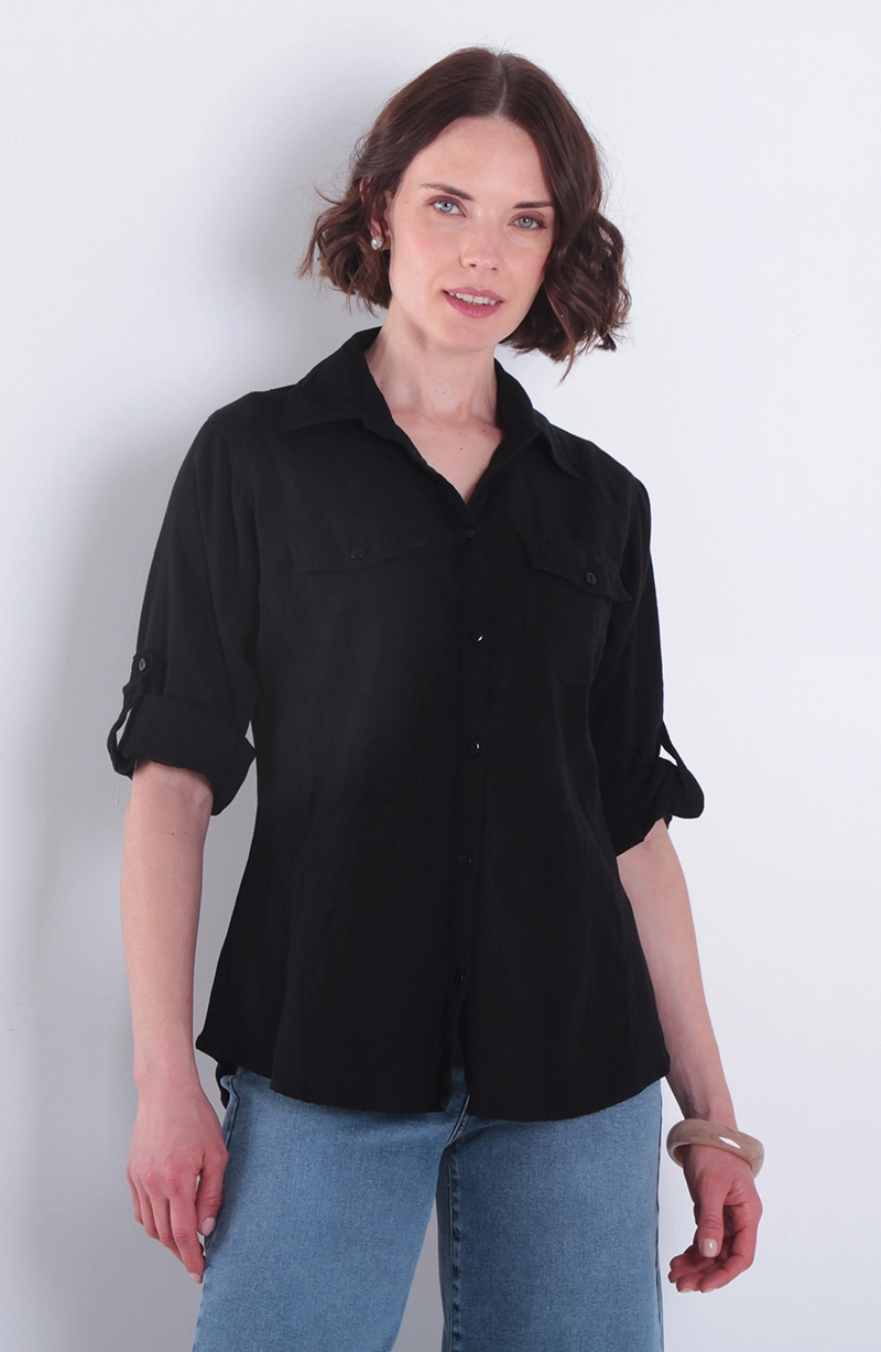 BLUSA MANGA 3/4 LINO CON RIB EN COSTADO ABOTONADO - 1