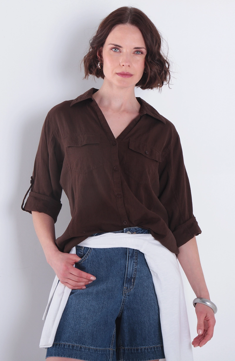 BLUSA MANGA 3/4 LINO CON RIB EN COSTADO ABOTONADO - 1