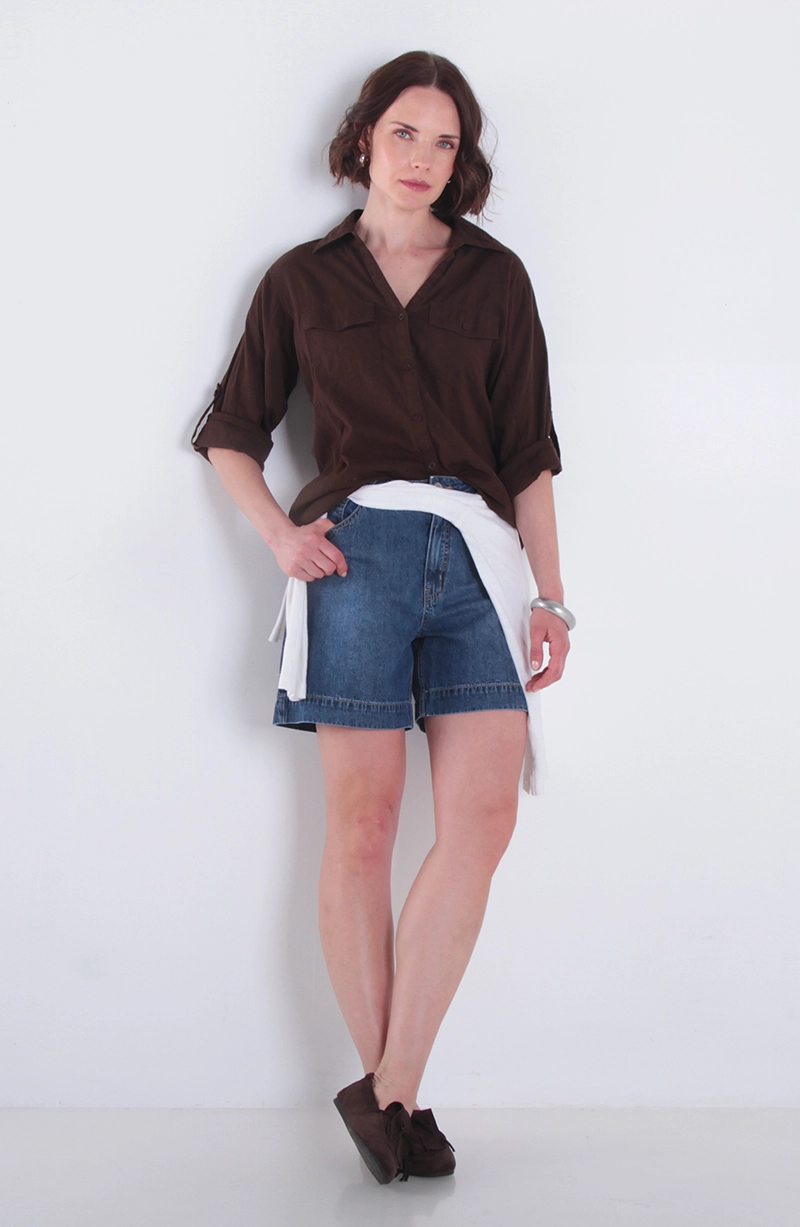 BLUSA MANGA 3/4 LINO CON RIB EN COSTADO ABOTONADO - 3