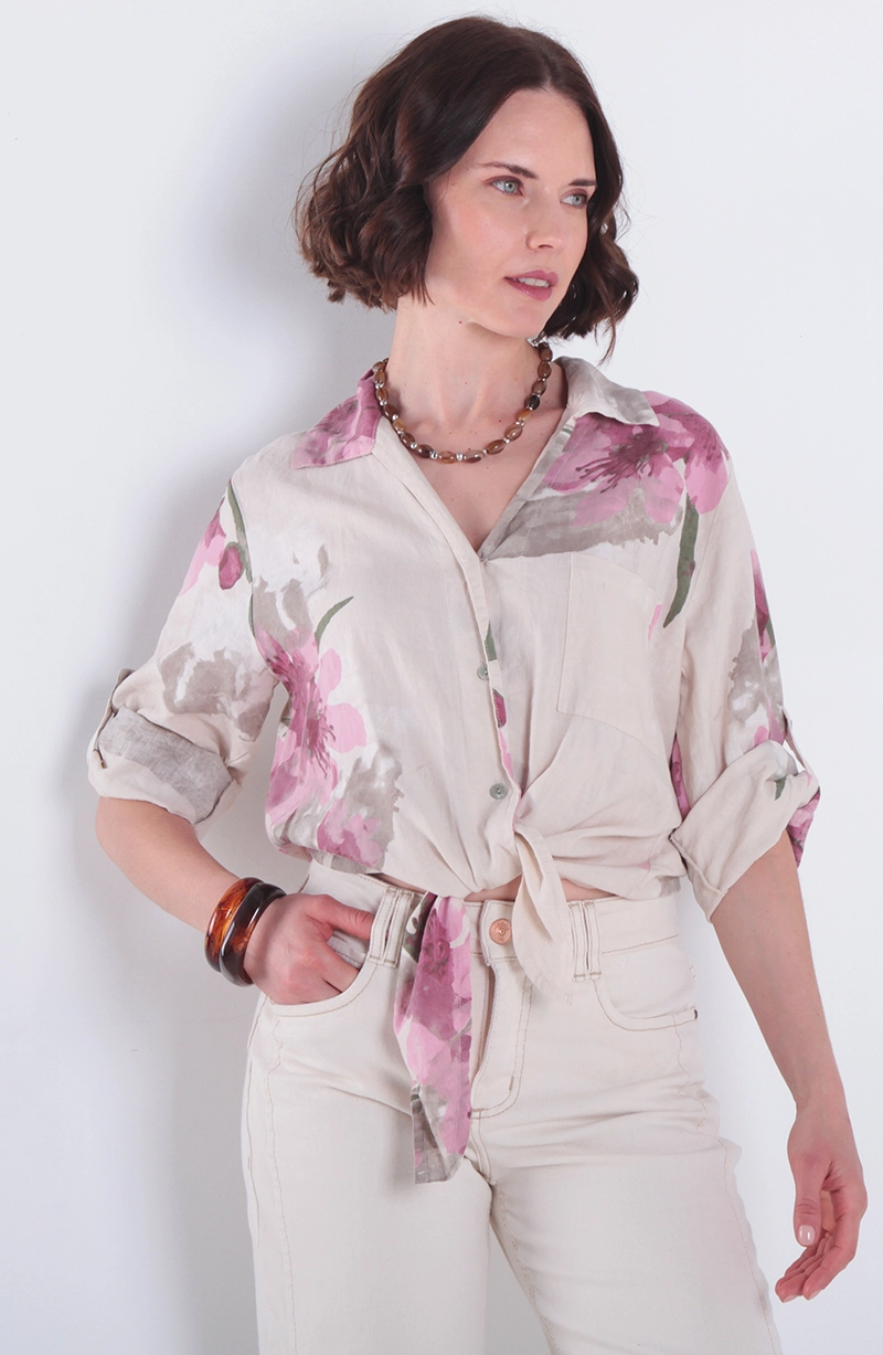 BLUSA LINO ESTAMPADO MANGA 3/4 ABOTONADA EN DELANTERO - 1