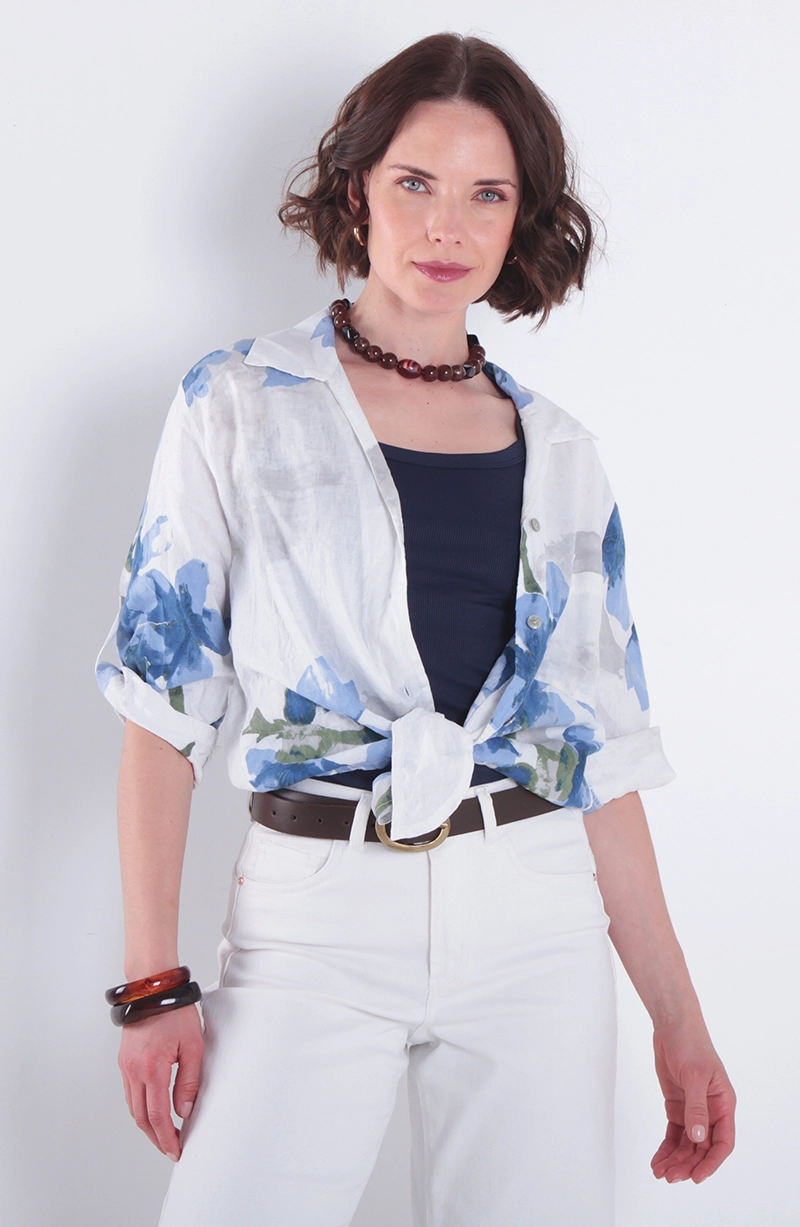 BLUSA LINO ESTAMPADO MANGA 3/4 ABOTONADA EN DELANTERO - 1