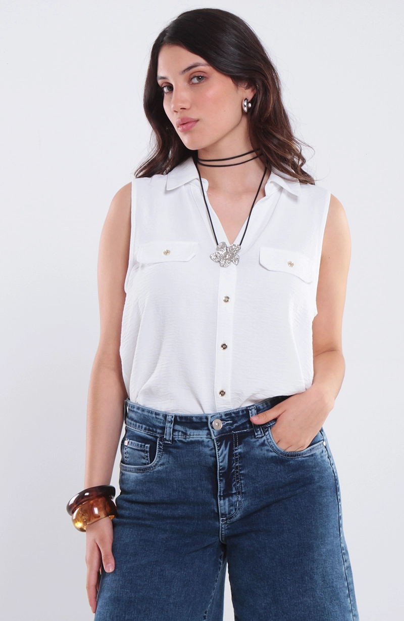 BLUSA SIN MANGA ABOTONADA EN DELANTERO ESCOTE V - 1