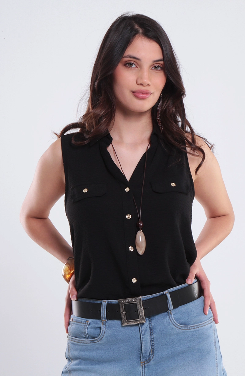 BLUSA SIN MANGA ABOTONADA EN DELANTERO ESCOTE V - 1