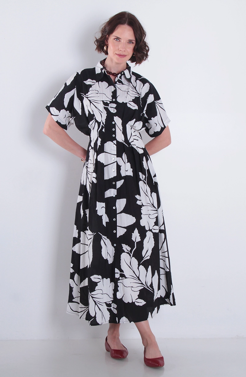 VESTIDO ESTAMPADO MANGA CORTA ABOTONADO EN DELANTERO - 1