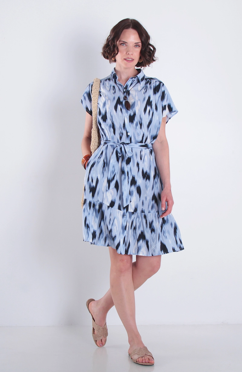 VESTIDO ESTAMPADO  MANGA CORTA  CON LAZO EN LA CINTURA - 1