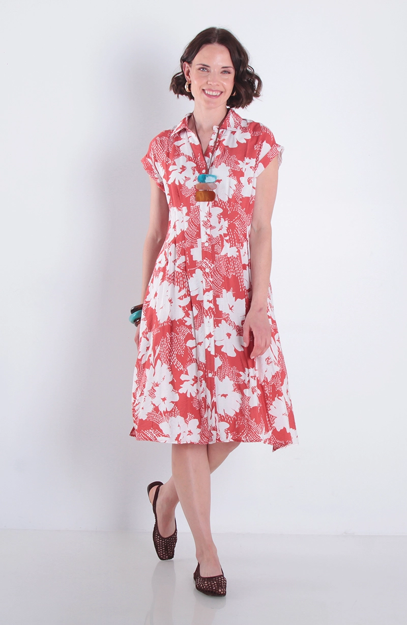 VESTIDO ESTAMPADO MANGA CORTA ABOTONADO EN DELANTERO ESCOTE - 1