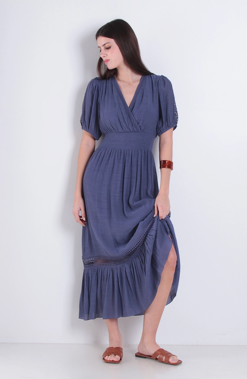 VESTIDO MANGA CORTA CON CINTURA ELASTICADA ESCOTE V - 1