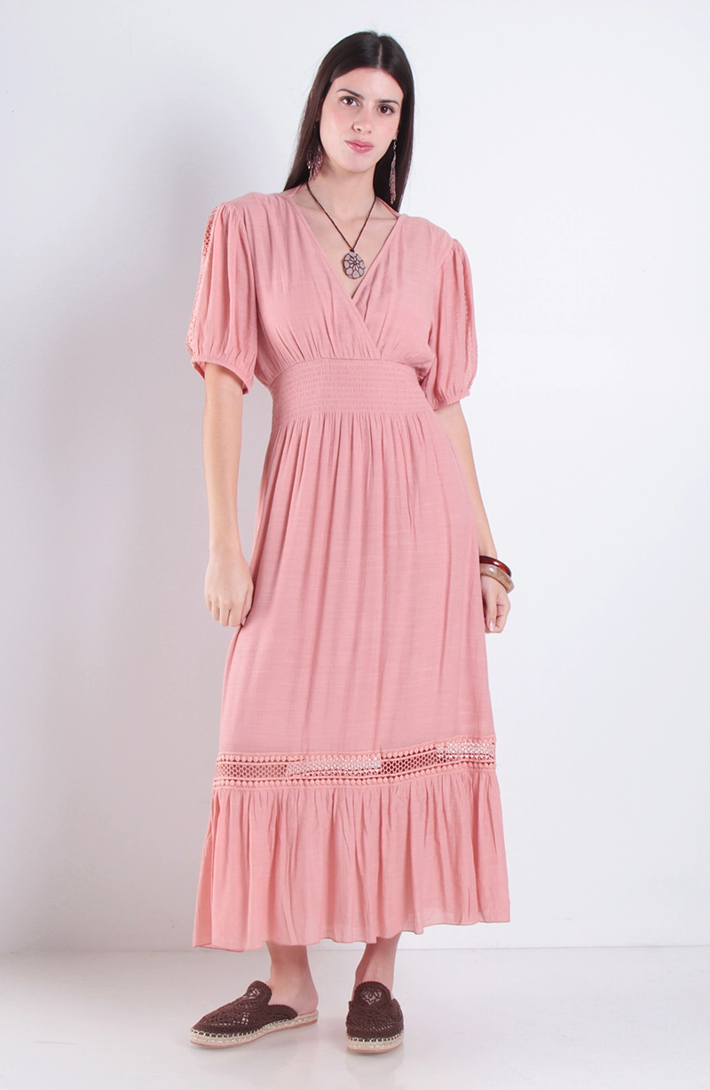 VESTIDO MANGA CORTA CON CINTURA ELASTICADA ESCOTE V - 1