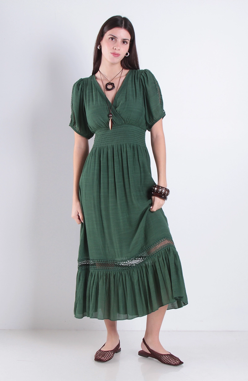 VESTIDO MANGA CORTA CON CINTURA ELASTICADA ESCOTE V - 1