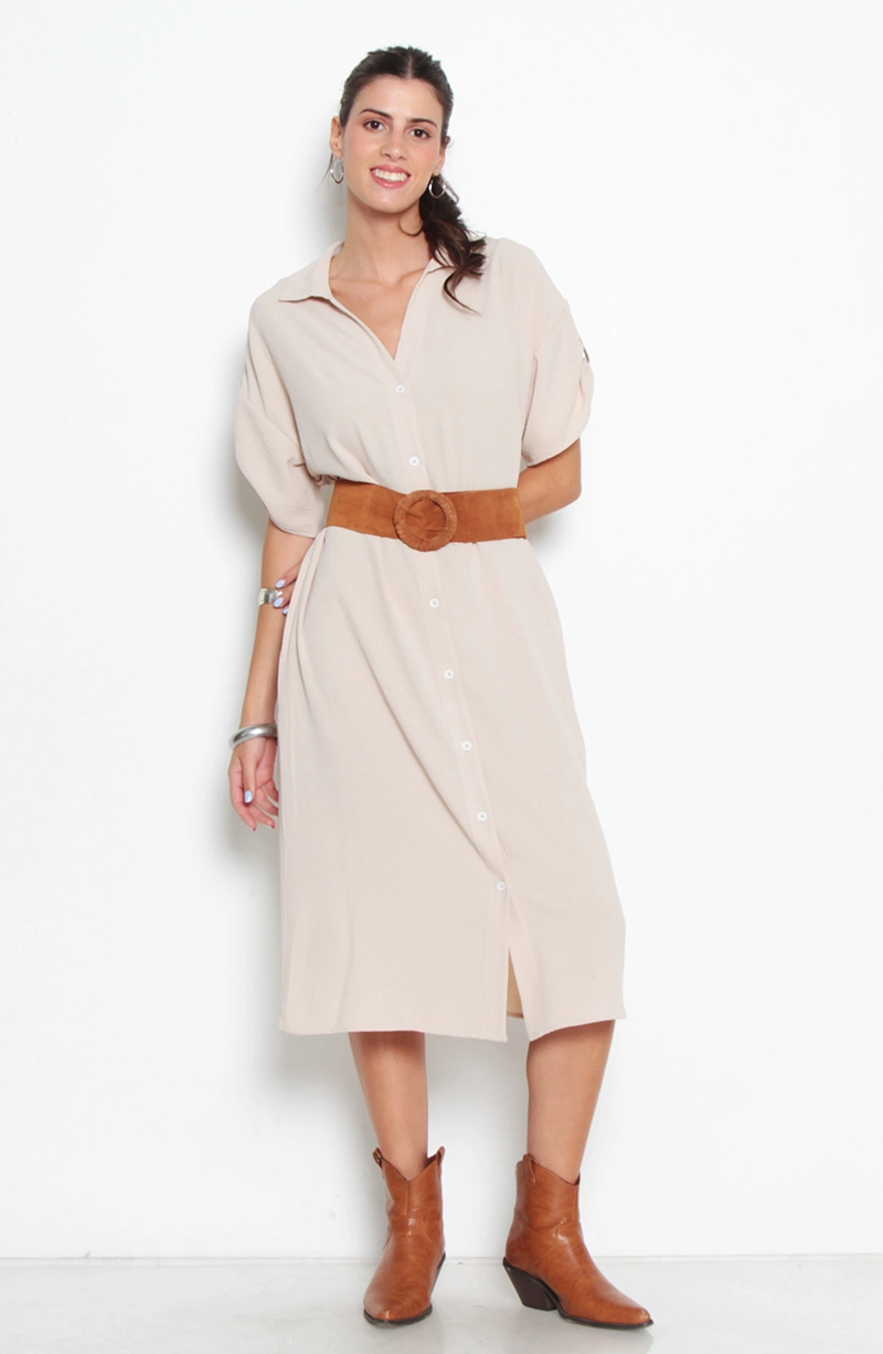 VESTIDO MANGA CORTA ABOTONADA DELANTER CON LAZO EN CINTURA - 1