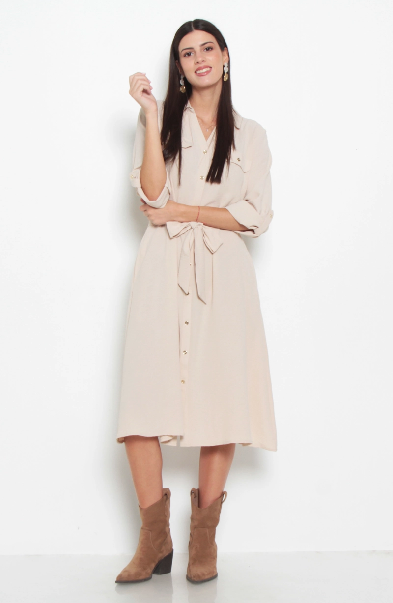 VESTIDO MANGA LARGA ESCOTE V CON LAZO EN CINTURA|| - 1
