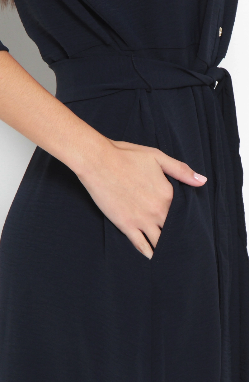 VESTIDO MANGA LARGA ESCOTE V CON LAZO EN CINTURA|| - 2