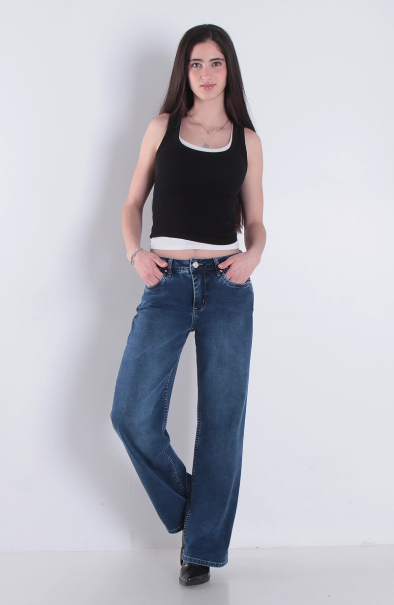 JEANS MUJER WIDE LEG TIRO ALTO PRETINA BASICA 1 BOTON - 1