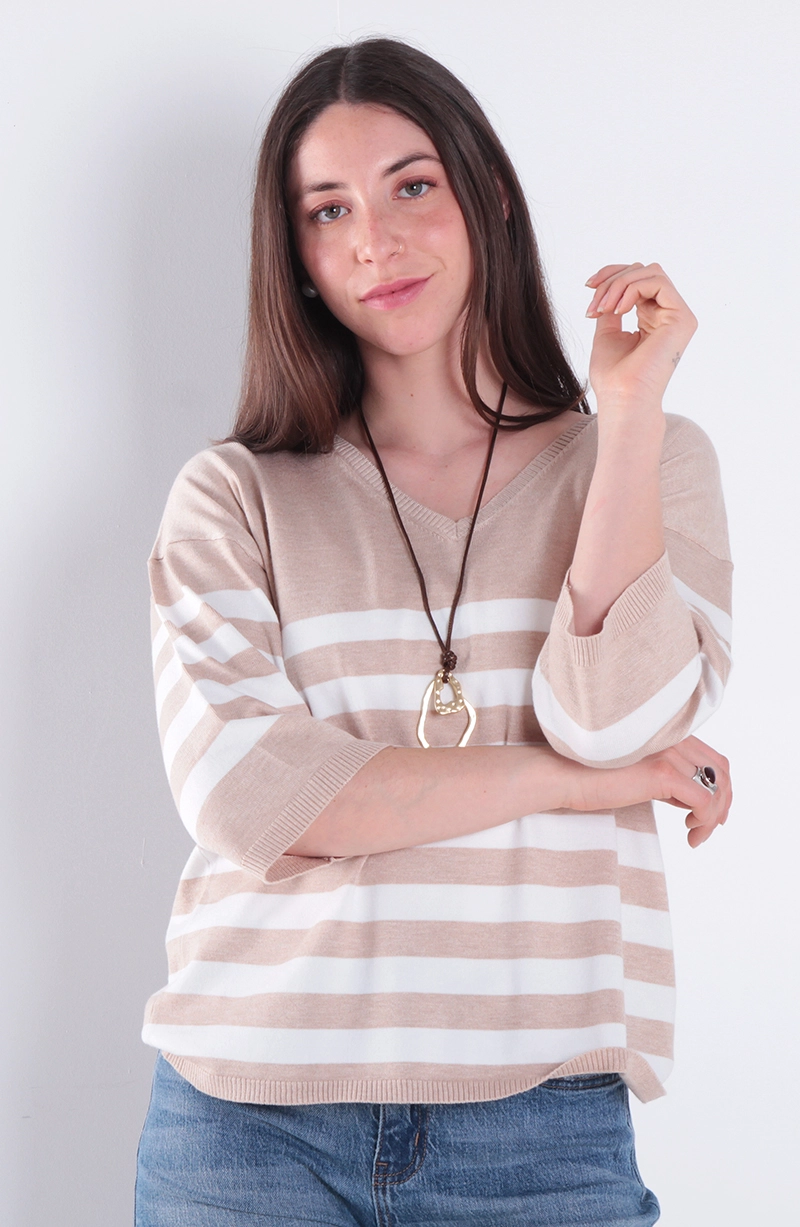 SWEATER MANGA CORTA LISTADA ESCOTE V - 1
